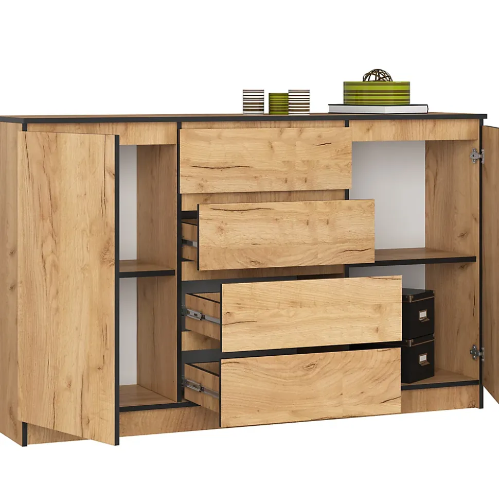 Grande Commode pour le salon AKORD K160 Chêne Craft 160 cm 2 portes 4 tiroirs façade Chêne Craft 4 étagères 160x40x99 cm