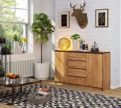 Grande Commode pour le salon AKORD K160 Chêne Craft 160 cm 2 portes 4 tiroirs façade Chêne Craft 4 étagères 160x40x99 cm