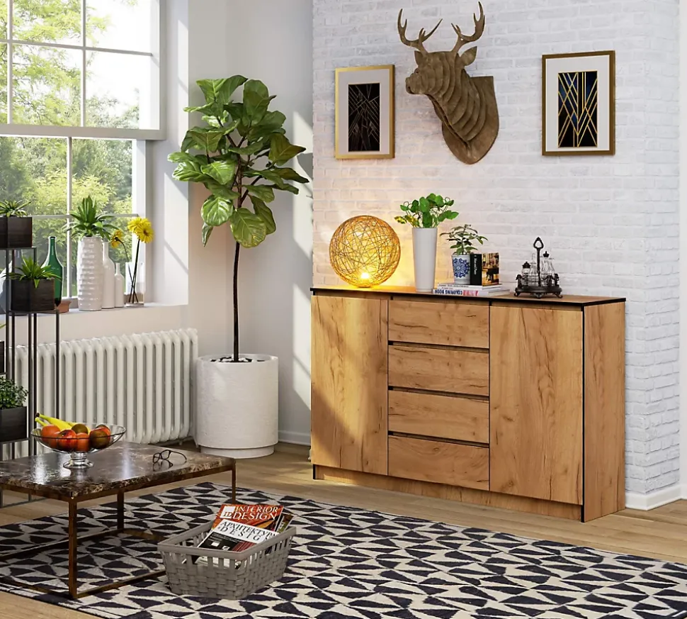 Grande Commode pour le salon AKORD K160 Chêne Craft 160 cm 2 portes 4 tiroirs façade Chêne Craft 4 étagères 160x40x99 cm