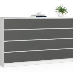 Grande Commode pour le salon AKORD K160 Blanche 160 cm 8 tiroirs façade Gris Graphite 160x40x99 cm
