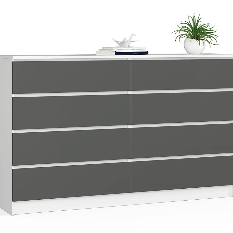 Grande Commode pour le salon AKORD K160 Blanche 160 cm 8 tiroirs façade Gris Graphite 160x40x99 cm