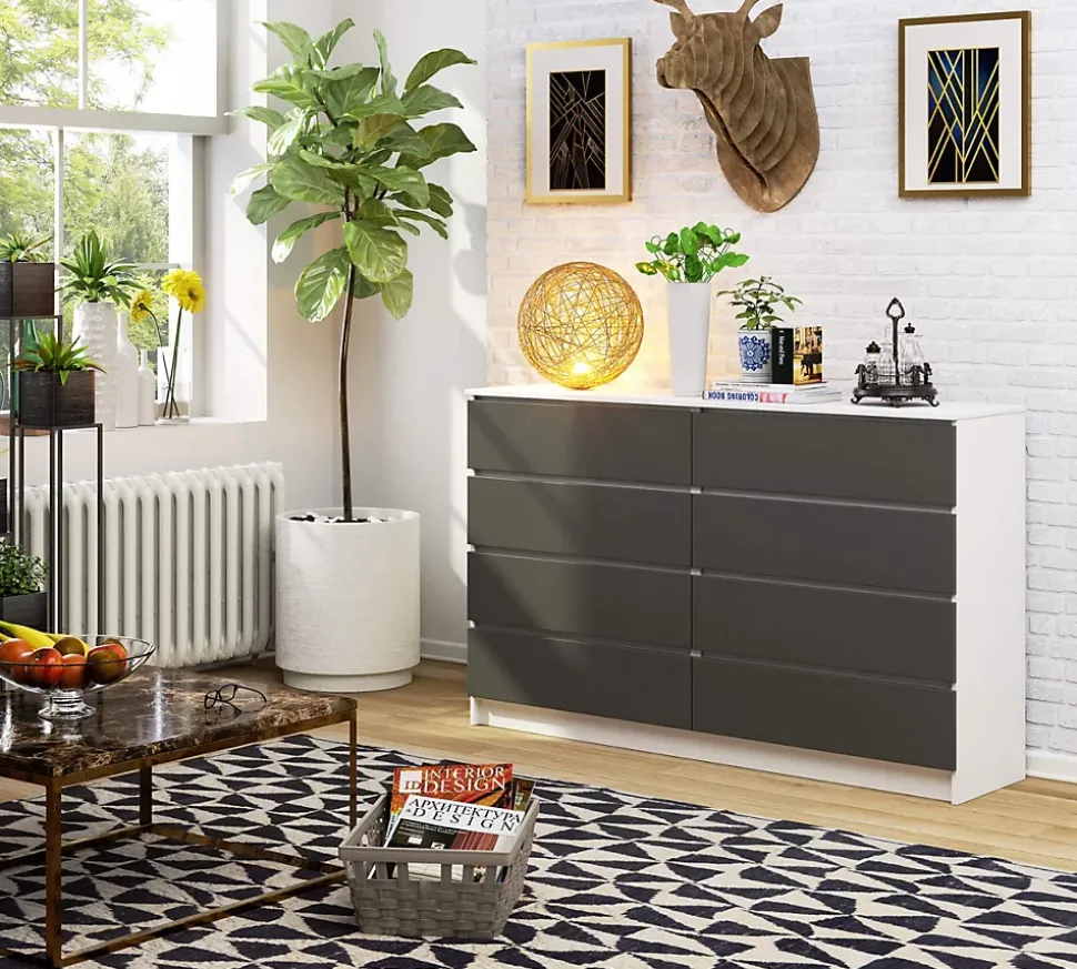 Grande Commode pour le salon AKORD K160 Blanche 160 cm 8 tiroirs façade Gris Graphite 160x40x99 cm
