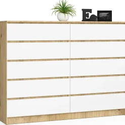 Grande Commode pour le salon AKORD K160 Chêne Artisan 160 cm 10 tiroirs façade Blanche 160x40x121 cm