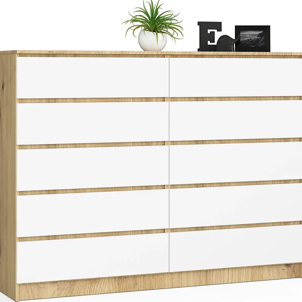 Grande Commode pour le salon AKORD K160 Chêne Artisan 160 cm 10 tiroirs façade Blanche 160x40x121 cm