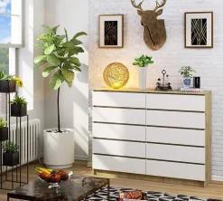 Grande Commode pour le salon AKORD K160 Chêne Artisan 160 cm 10 tiroirs façade Blanche 160x40x121 cm