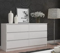 Grande Commode pour le salon AKORD K160 Blanche 160 cm 6 tiroirs façade Blanche 160x40x77 cm