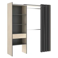 Grande Garde-robe Arim, Structure pour dressing avec rideau, Cintre ouvert, 160x50h205 cm, Chêne et Anthracite