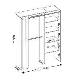Grande Garde-robe Arim, Structure pour dressing avec rideau, Cintre ouvert, 160x50h205 cm, Chêne et Anthracite