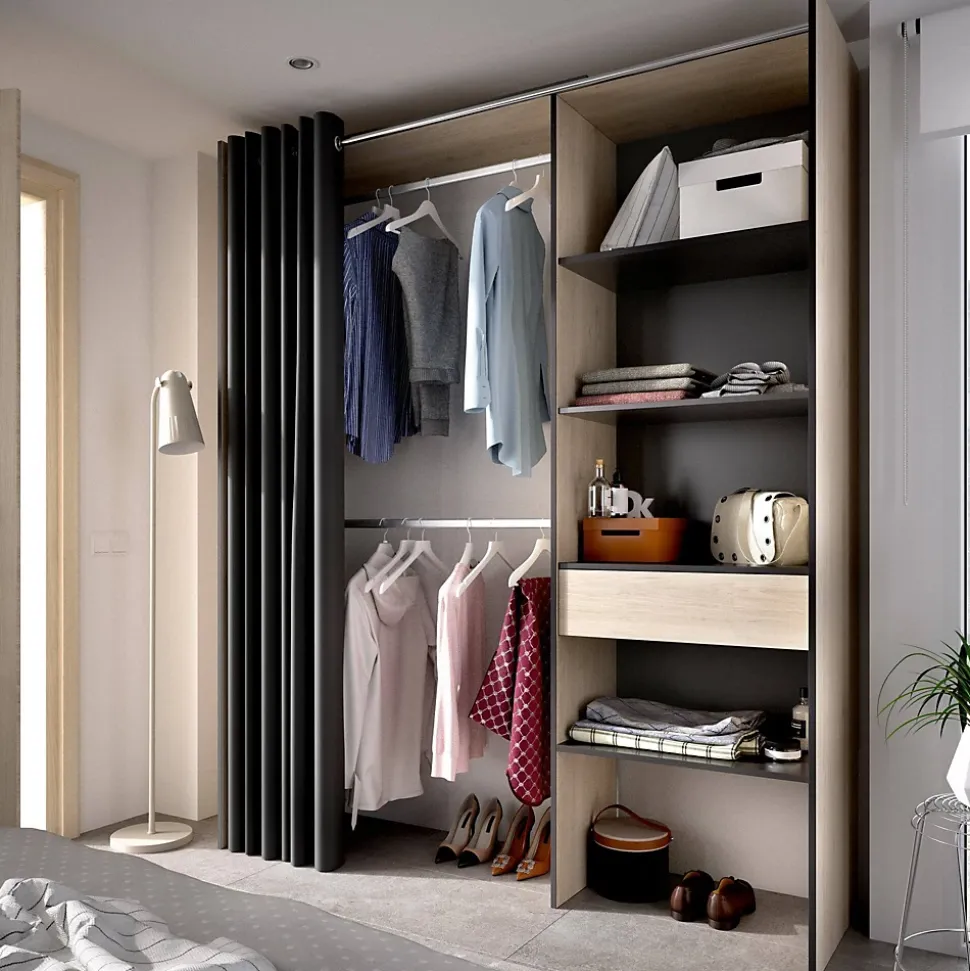Grande Garde-robe Arim, Structure pour dressing avec rideau, Cintre ouvert, 160x50h205 cm, Chêne et Anthracite