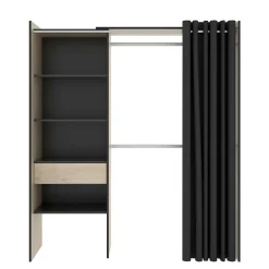 Grande Garde-robe Arim, Structure pour dressing avec rideau, Cintre ouvert, 160x50h205 cm, Chêne et Anthracite