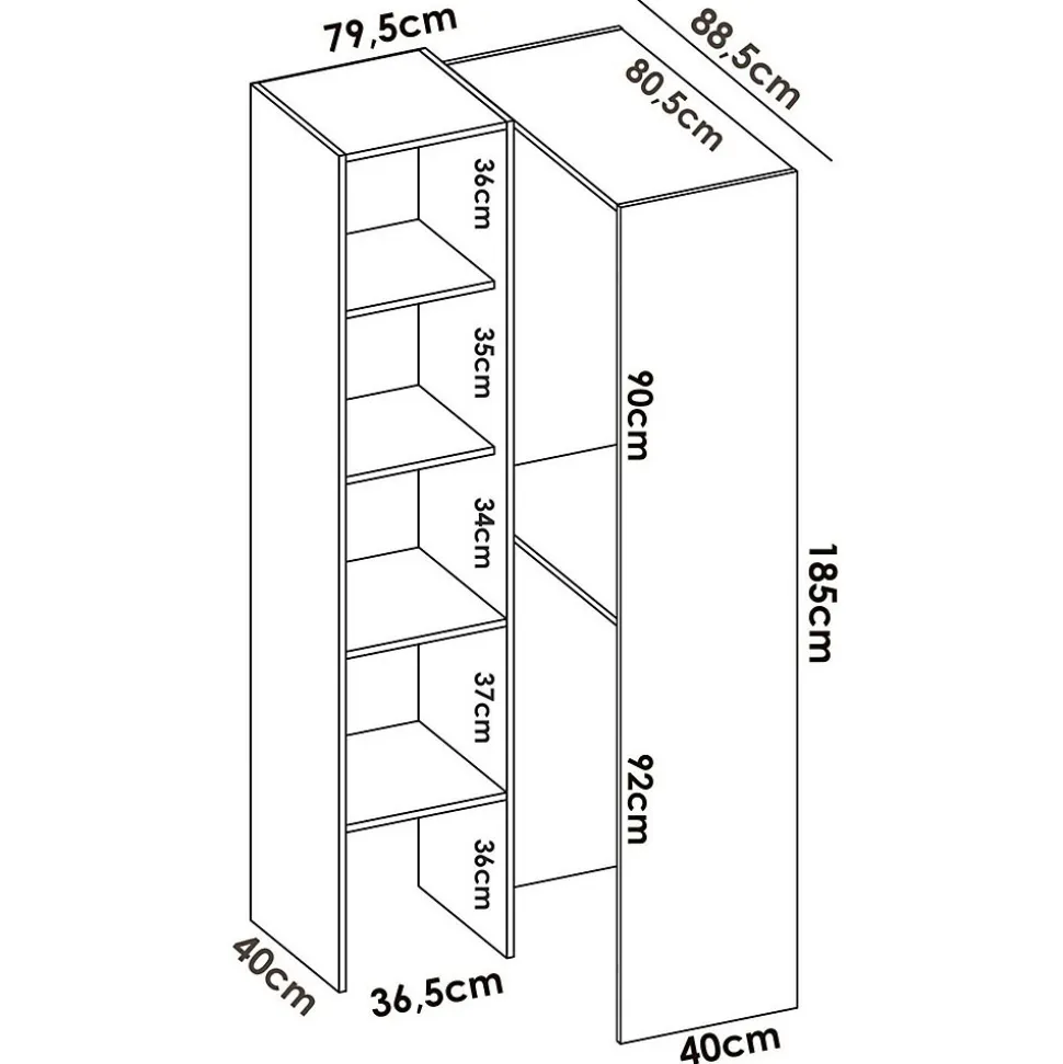 Grande Garde-robe Arpagone, Structure pour dressing d'angle, Cintre d'angle ouvert, 79x88h186 cm, Blanc