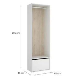 Grande Garde-robe Islamabad, Meubles de chambre, Penderie de plain-pied, Placard à vêtements, 60x45 h205 cm, Blanc et Chêne clair