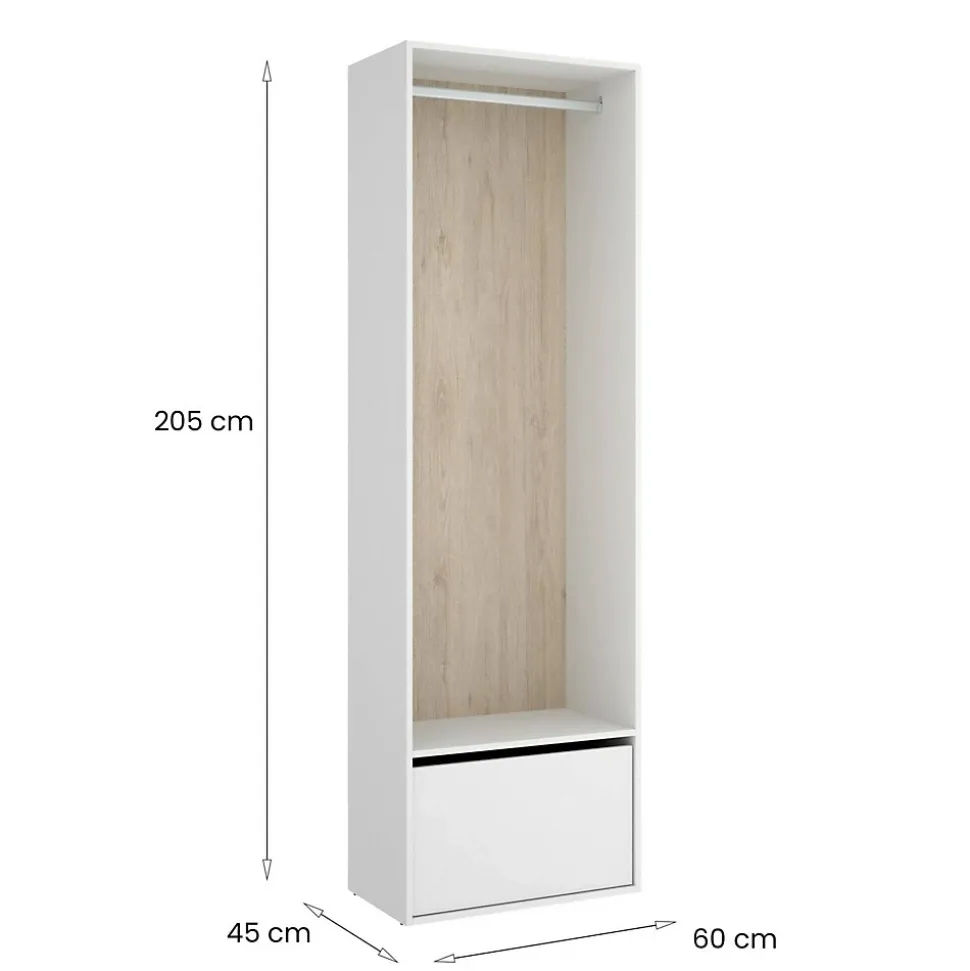 Grande Garde-robe Islamabad, Meubles de chambre, Penderie de plain-pied, Placard à vêtements, 60x45 h205 cm, Blanc et Chêne clair