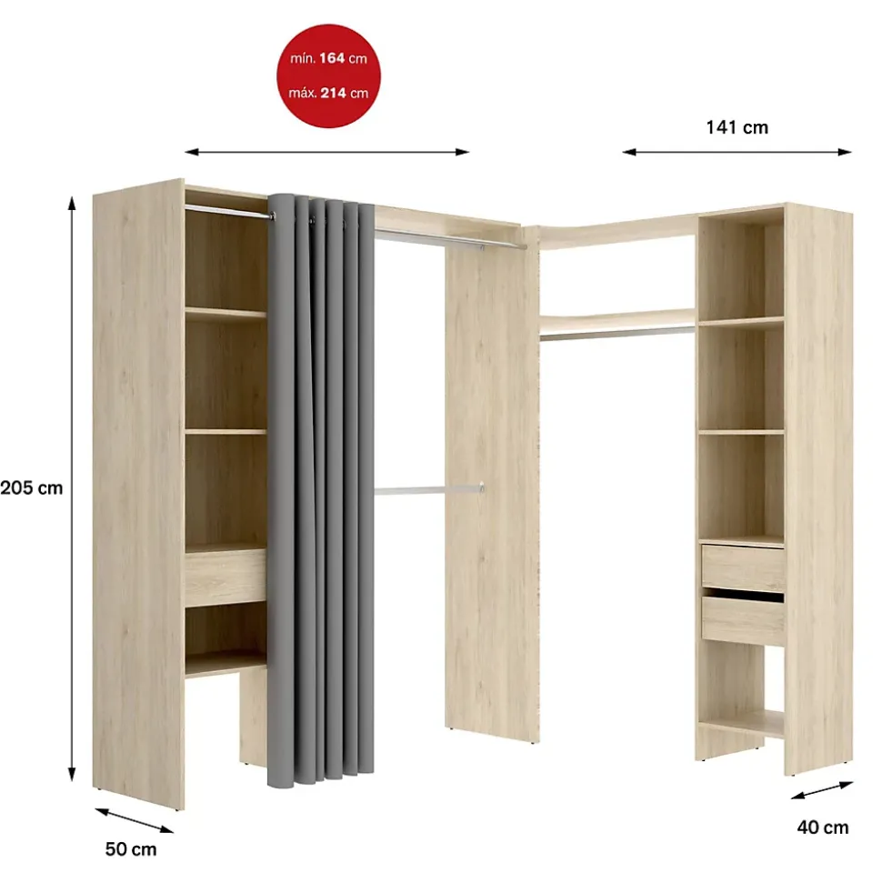 Grande Garde-robe Pali, Meubles de chambre, Penderie de plain-pied, Placard à vêtements, 214x141 h205 cm, Chêne clair