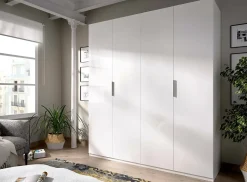 Grande Garde-robe Prado, Cintre pour chambre à coucher, Armoire avec 4 portes battantes, 180x52h204 cm, Blanc brillant