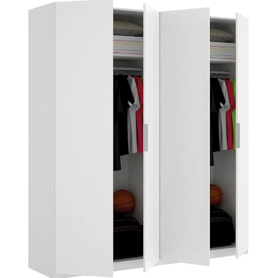 Grande Garde-robe Prado, Cintre pour chambre à coucher, Armoire avec 4 portes battantes, 180x52h204 cm, Blanc brillant