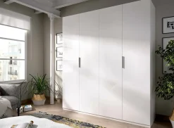 Grande Garde-robe Prado, Cintre pour chambre à coucher, Armoire avec 4 portes battantes, 180x52h204 cm, Blanc brillant