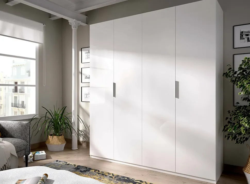 Grande Garde-robe Prado, Cintre pour chambre à coucher, Armoire avec 4 portes battantes, 180x52h204 cm, Blanc brillant