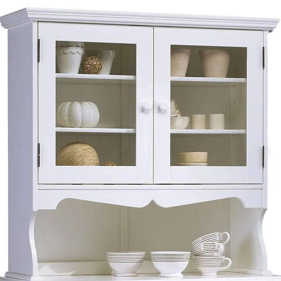 Haut de Vaisselier Blanc 2 Portes Vitrées 3 Niches Style Charme Largeur 98 cm - L 98 x l 33 x H 96 cm