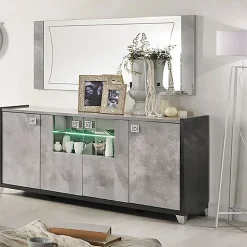 HOFFMAN - Buffet 4 Portes Gris Aspect Pierre avec Led