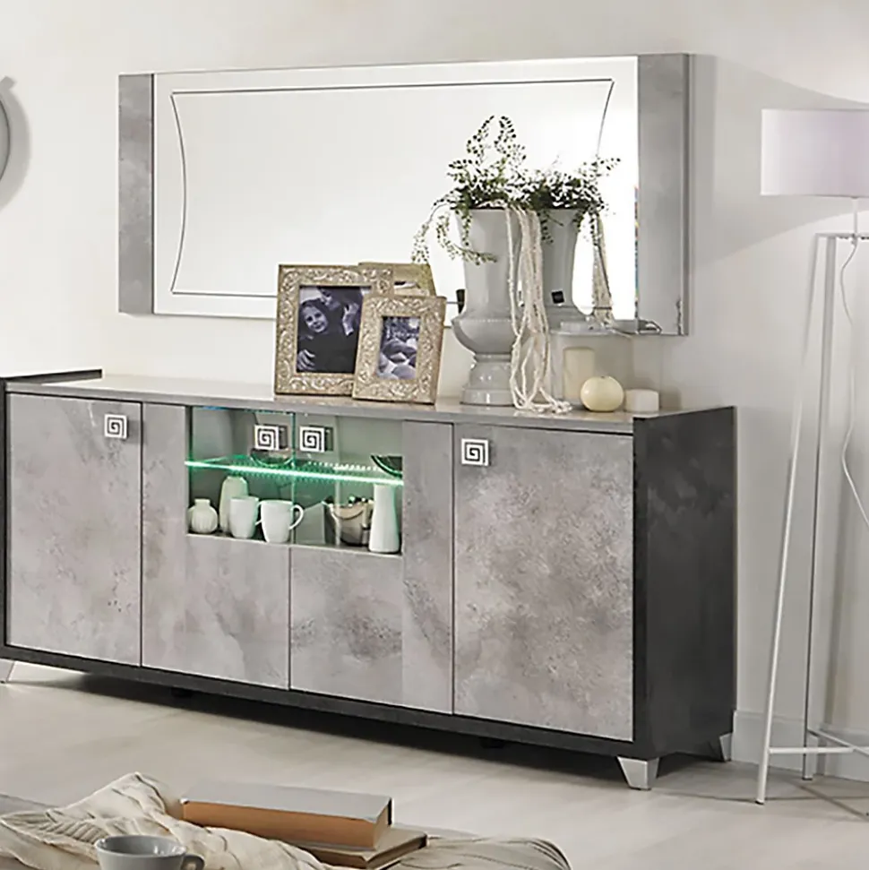 HOFFMAN - Buffet 4 Portes Gris Aspect Pierre avec Led