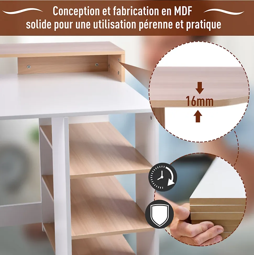 HOMCOM Bureau Informatique multimédia Design Multi-rangements 137 L x 55 l x 92 H cm chêne Blanc