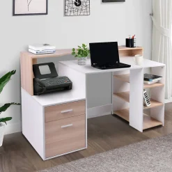 HOMCOM Bureau Informatique multimédia Design Multi-rangements 137 L x 55 l x 92 H cm chêne Blanc