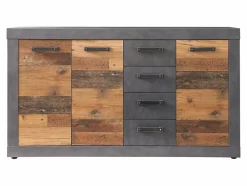 INDY - Meuble chambre. Commode avec 4 tiroirs en mélaminé coloris gris ciment portes bois . L - H - P : 151 - 86 - 37 cm.