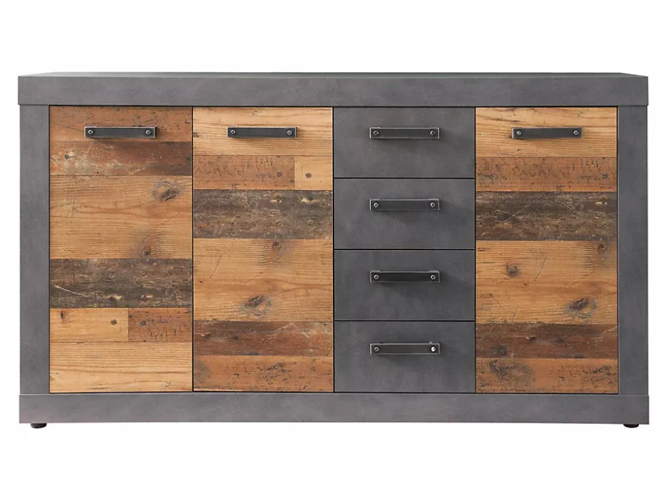 INDY - Meuble chambre. Commode avec 4 tiroirs en mélaminé coloris gris ciment portes bois . L - H - P : 151 - 86 - 37 cm.