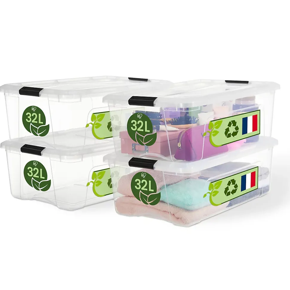 Iris Ohyama, Boite de Rangement Maison Plastique, 32L, Lot de 4, Transparent, BSB-32