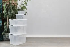 Iris Ohyama, Boites de Rangement Plastique avec Couvercle, 60L, Lot de 4, Transparent, DDNTB-60