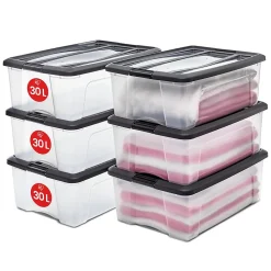 Iris Ohyama, Boites de Rangement Plastique avec Couvercle, 30L, Lot de 6, Noir, NTB-30