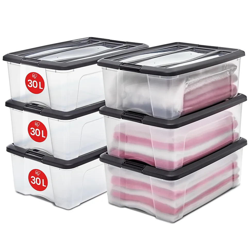Iris Ohyama, Boites de Rangement Plastique avec Couvercle, 30L, Lot de 6, Noir, NTB-30