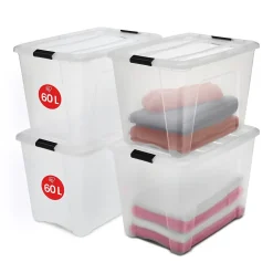 Iris Ohyama, Boites de Rangement Plastique avec Couvercle, 60L, Lot de 4, Transparent, NTB-60