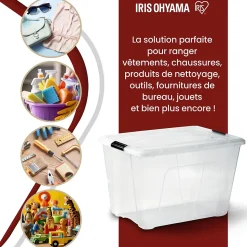 Iris Ohyama, Boites de Rangement Plastique avec Couvercle, 60L, Lot de 4, Transparent, NTB-60