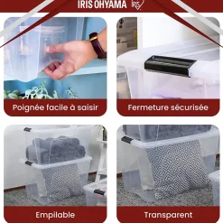 Iris Ohyama, Boites de Rangement Plastique avec Couvercle, 60L, Lot de 4, Transparent, NTB-60