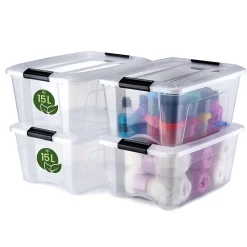Iris Ohyama, Boitess de Rangement Plastique recyclé avec Couvercle, 15L, Lot de 4, Transparent, NTB-15