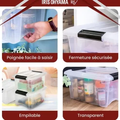 Iris Ohyama, Boitess de Rangement Plastique recyclé avec Couvercle, 15L, Lot de 4, Transparent, NTB-15