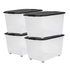 Iris Ohyama, Boîtes de rangement plastique sur roulette, 70L, Lot de 4, Noir, TBR-70