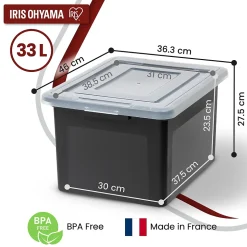 Iris Ohyama, Boîtes de Rangement en Plastique avec Couvercle, 45L, Lot de 4, Noir, Empilable, FB-21E