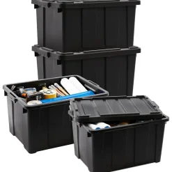 Iris Ohyama, Caisse Rangement avec Couvercle Robuste, 68L, Lot de 4, Noir, DDSKT-700