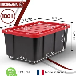 Iris Ohyama, Caisse Rangement Plastique avec Couvercle Robuste, 100L, Lot de 2, Noir, UTB-27