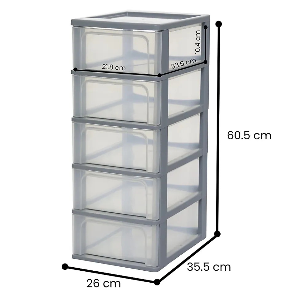 Iris Ohyama, Caisson de rangement plastique A4, 5 Tiroirs Moyens, Gris, OCH-2005
