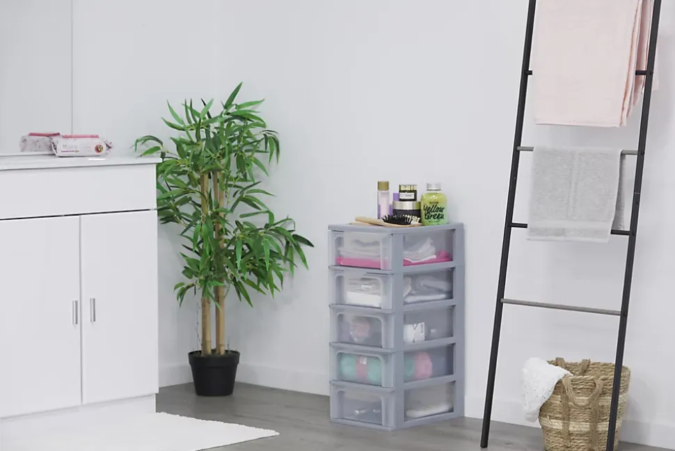 Iris Ohyama, Caisson de rangement plastique A4, 5 Tiroirs Moyens, Gris, OCH-2005