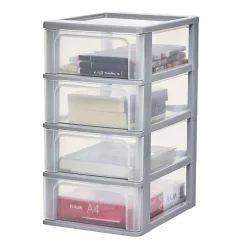 Iris Ohyama, Caisson de rangement plastique A4, 4 Tiroirs Moyens, Gris, OCH-2004