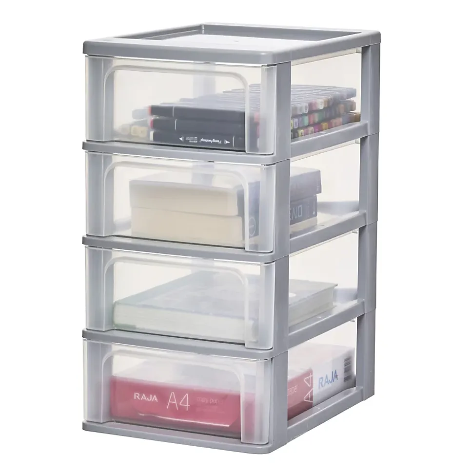 Iris Ohyama, Caisson de rangement plastique A4, 4 Tiroirs Moyens, Gris, OCH-2004