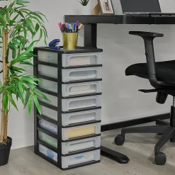 Iris Ohyama, Caisson de rangement plastique recyclé A4, 8 Petits Tiroris, Noir, OCH-2080