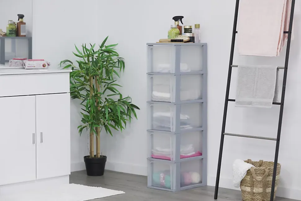 Iris Ohyama, Caisson de rangement plastique A4, 5 Grands Tiroirs, Gris, OCH-2500