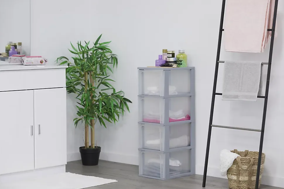 Iris Ohyama, Caisson de rangement plastique A4, 4 Grands Tiroirs, Gris, OCH-2400