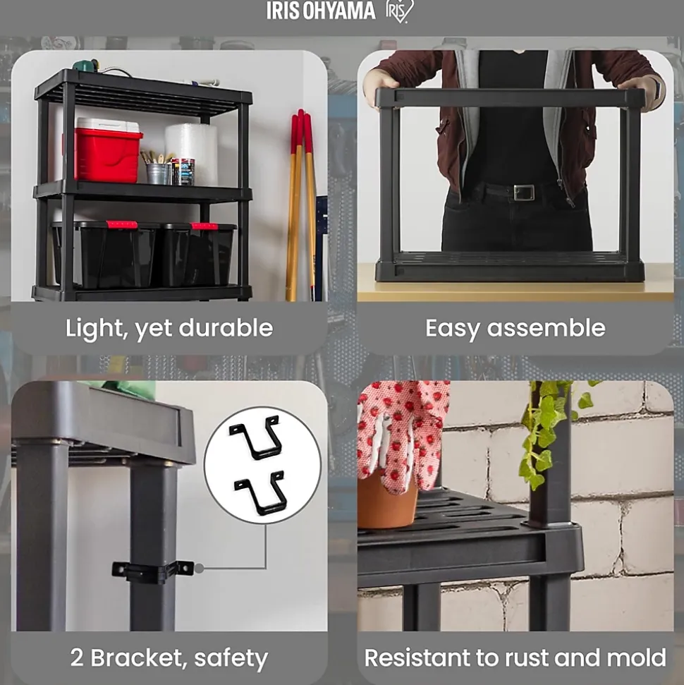 Iris Ohyama, Etagere Plastique de Rangement Résistante, Capacité de 120 kg, 4 étages, Etagere Garage, Cuisine, PRS-L4, Noir
